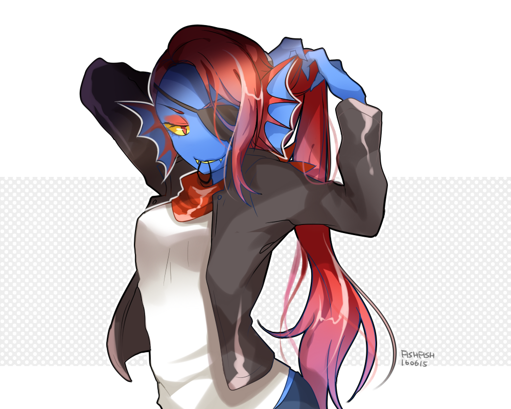 1girl 2010s 2015 2d 2d_(artwork) alternate_costume anthro anthro_only artist_name blue_body blue_skin breasts clothed clothed_female clothing dated digital_media_(artwork) ear_fins eye_patch eyepatch fang fangs female_anthro female_only fins fish fish_girl fishfish_(artist) hair head_fins marine monster monster_girl non-mammal_breasts object_in_mouth official_alternate_costume ponytail red_eyes red_hair red_ponytail sharp_teeth simple_background solo_anthro solo_female tank_top topwear tying_hair undertale undertale_(series) undyne upper_body video_game_character video_games yellow_sclera