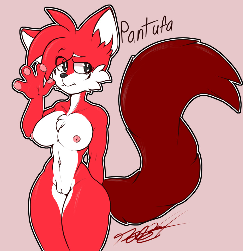 1girl 2022 anthro big_tail black_eyes breasts cat curvy fan_character feline justtaylor looking_away markings medium_breasts multicolored_body navel nipples nude original_character pantufa_the_cat pawpads pink_nipples pussy red_fur simple_background sonic_oc sonic_the_hedgehog_(series) tail