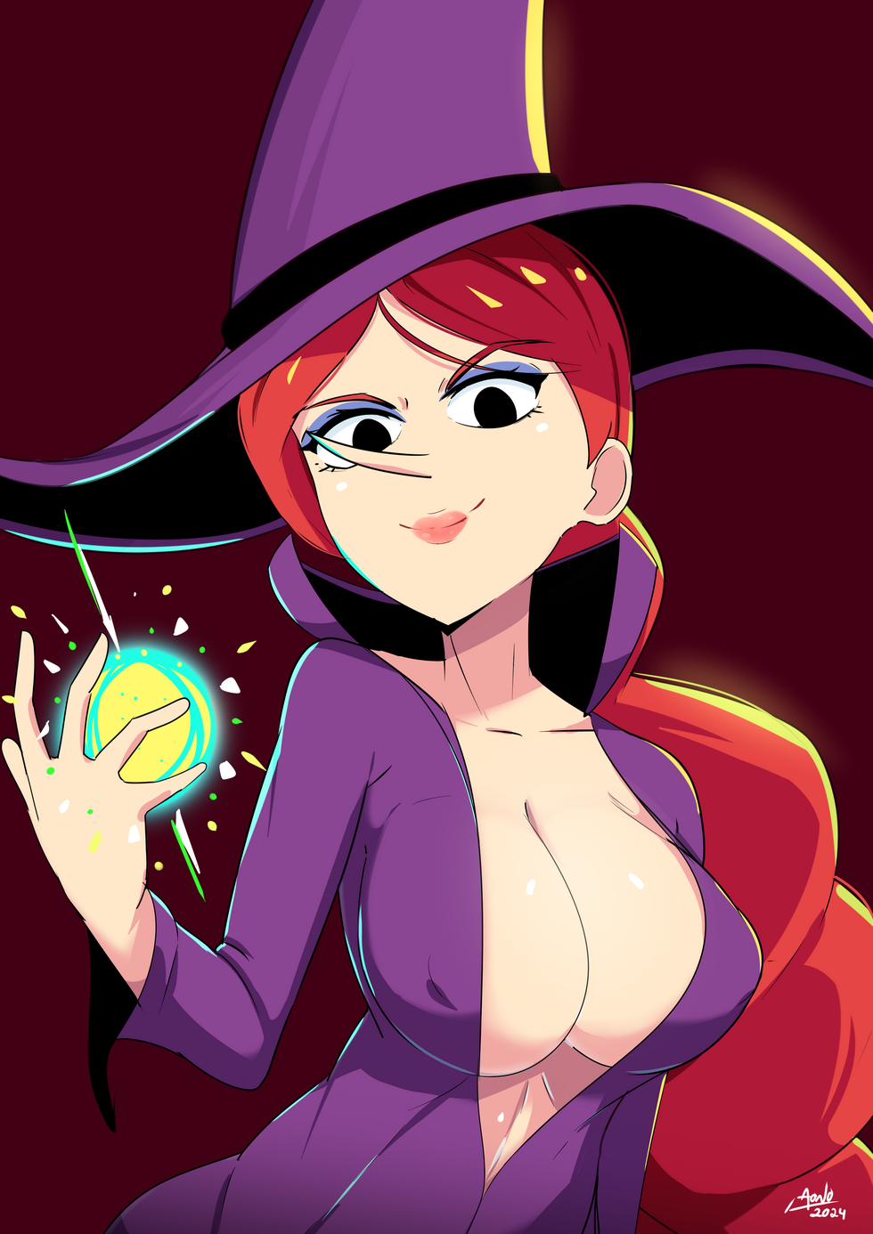 1girl 2024 aonoexorcist100 artist_signature big_breasts breasts cleavage clothing cyberchase edit female_only green_skin magic makeup pbskids pointy_nose red_hair simple_background smile wicked_(cyberchase) witch witch_costume witch_hat