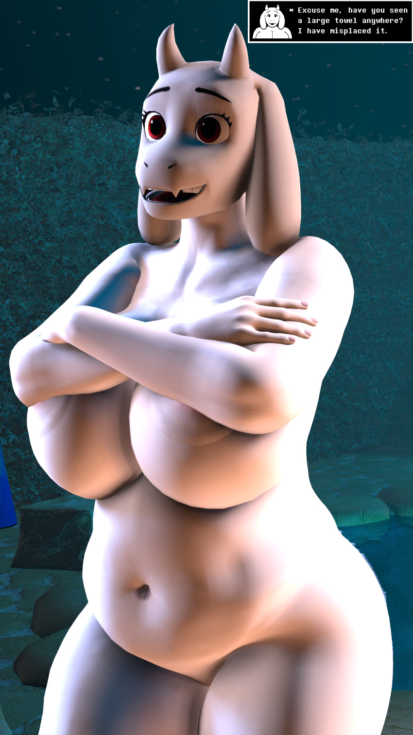 1girl 3d_(artwork) absurd_res anthro big_ass big_breasts boss_monster bovid breasts caprine chubby_female covering covering_breasts curvy_figure daemont92 dialogue digital_media_(artwork) female goat high_res hot_spring mammal mature_female navel nude solo source_filmmaker speech_bubble text thick_thighs toby_fox toriel undertale undertale_(series) video_games voluptuous water wide_hips