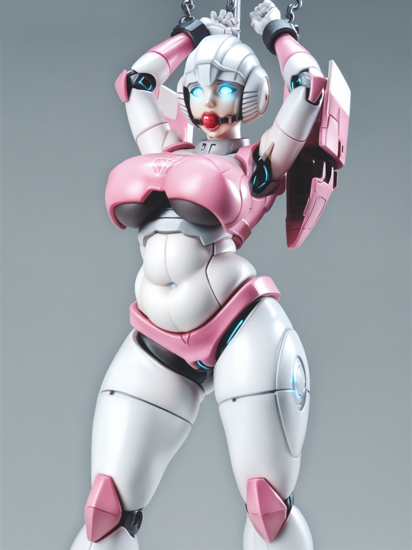 ai_generated armor bdsm big_breasts blue_eyes breasts chubby chubby_female elita_1 elita_one glowing_eyes mechanical mechanophilia mouth_taped robot robot_girl robot_humanoid tied_hair transformers