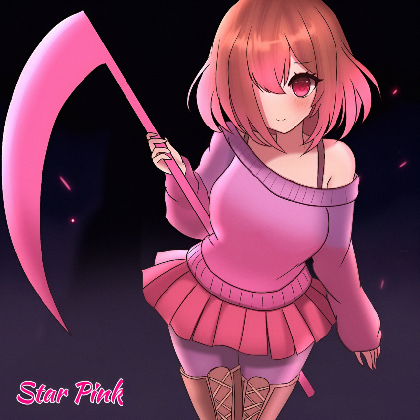 bete_noire betty_noire boots breasts brown_boots clothes clothes_down cute cute_face glitchtale pink_eyes pink_hair pink_shirt purple_shirt purple_socks scythe wearing_clothes