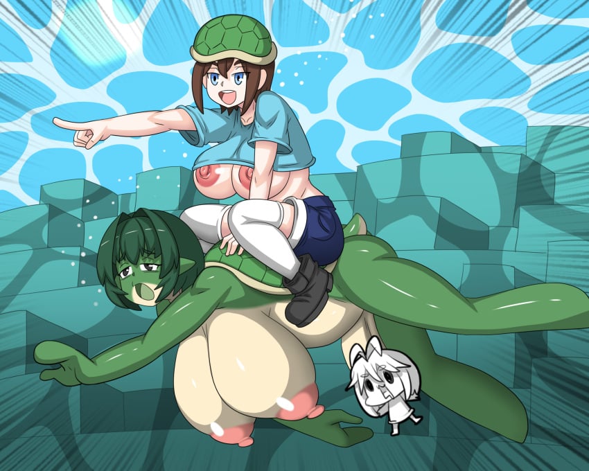 1futa 1girl big_breasts breasts brown_hair censored clothed clothing comic dr.bug erection fully_clothed futa_sans_balls futanari huge_breasts human humanoid light-skinned_female light_skin minecraft monster_girl nude penis pet_play short_hair squatting stella_(femsteve) turtle turtle_(minecraft) turtle_girl