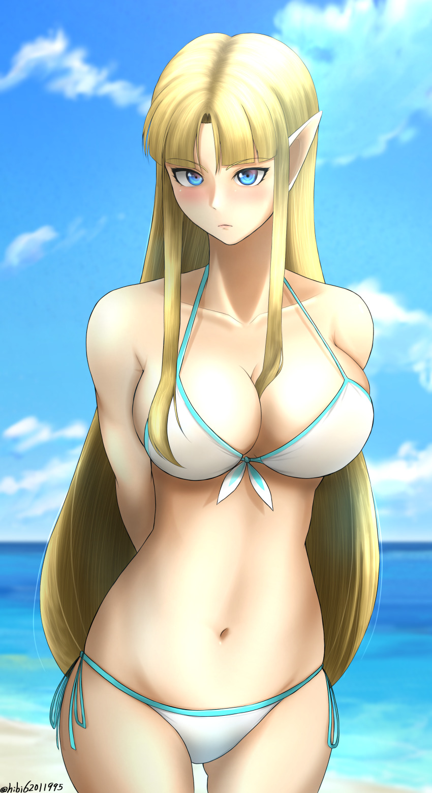 1girl 1girl abs absurd_res alluring arms_behind_back beach big_breasts bikini blue_eyes blue_sky blush cleavage cloud day front-tie_top hiby high_res long_hair navel nintendo ocean pointy_ears princess_zelda side-tie_bikini_bottom sidelocks skindentation sky swimsuit the_legend_of_zelda very_long_hair