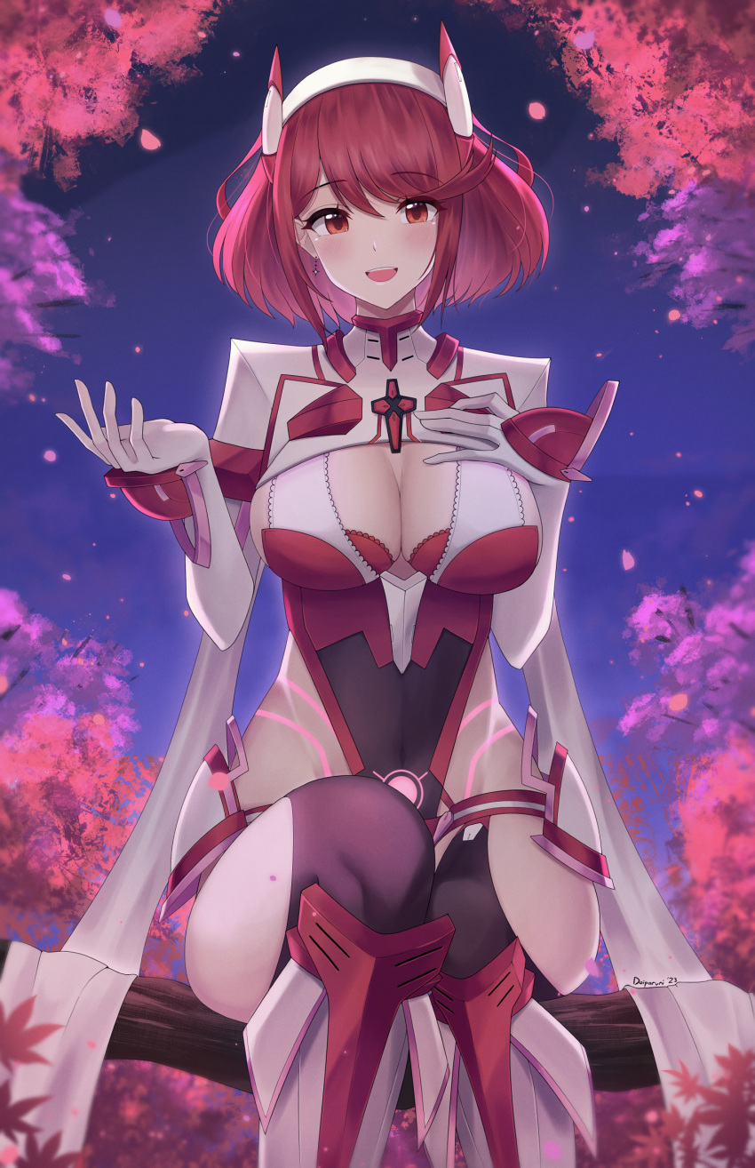 1girl 1girl alluring alternate_costume big_breasts chest_jewel cleavage doiparuni hand_on_own_chest high_res hip_vent looking_at_viewer milf night nintendo pyra pyra_(prototype) red_eyes red_hair short_hair sitting upper_body xenoblade_(series) xenoblade_chronicles_2