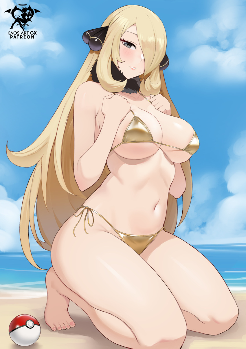 1girl 1girl alluring big_breasts bikini blonde_hair cleavage cynthia cynthia_(pokemon) gold_bikini hair_over_one_eye kaos_art light-skinned_female light_skin long_hair naughty_face nintendo outside pokemon pokemon_dppt