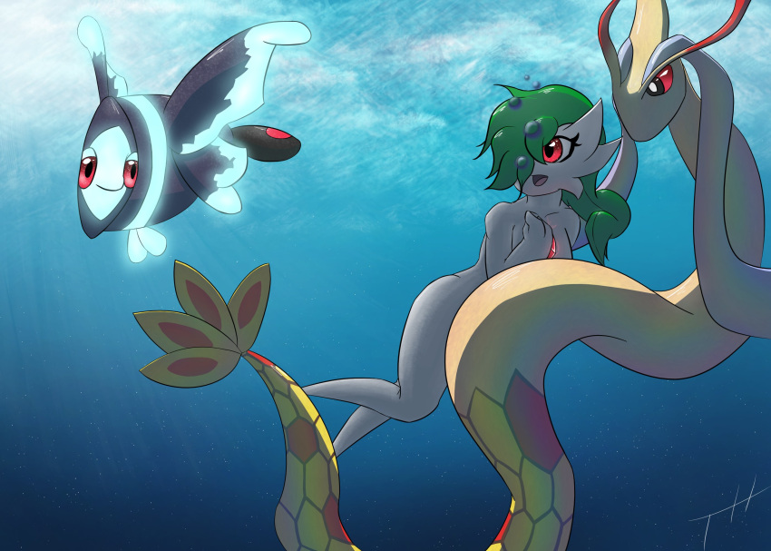 1girl air_bubble censored convenient_censorship female gardevoir generation_3_pokemon ghostth39 green_hair group hair high_res milotic nintendo nude pokemon pokemon_(species) red_eyes ruby_(ghostth39) shiny_pokemon swimming underwater water