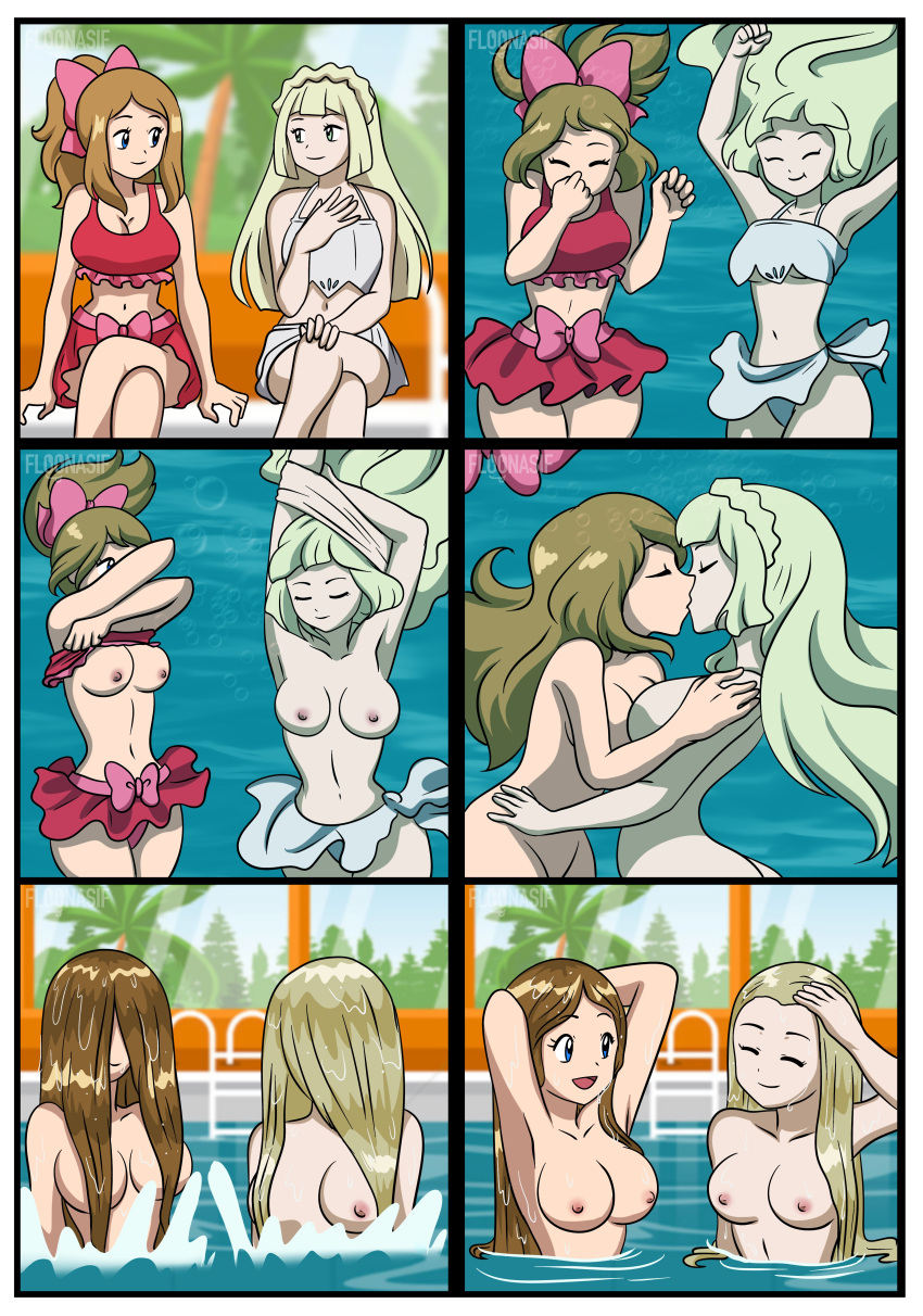 2girls absurd_res ass big_breasts bikini blonde_hair breasts brown_hair comic commission female female/female female_only floonasif grey_bikini grey_swimsuit kissing lillie_(pokemon) medium_breasts navel nintendo nipples nude partially_submerged pokemon pool red_bikini red_swimsuit serena_(pokemon) skinny_dipping submerged swimsuit tagme underwater undressing water wet wet_hair yuri