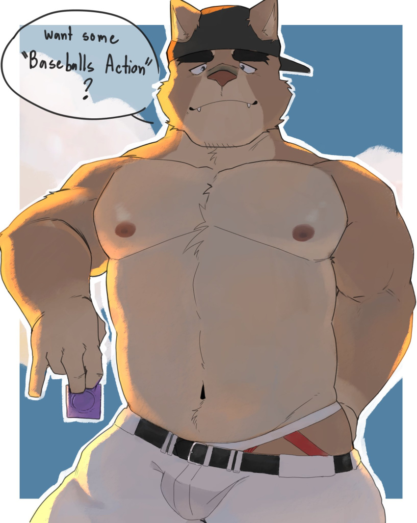 1boy 5_fingers anthro bara baseball baseball_cap condom cougar english english_text furry furry_male lmb looking_at_viewer male male_focus male_only mascots mexican muscle nipples pectorals puma sfw shirtless text topless topless_anthro topless_male whitebeast20 yaco_puma yaquis_de_obregon