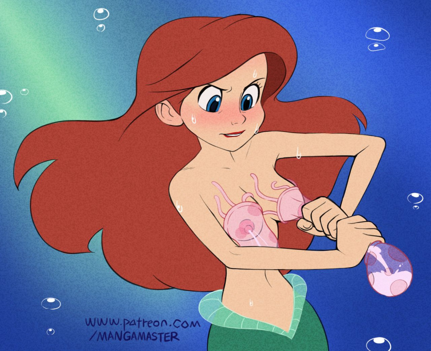 1girl breast_grab breast_milk breast_milking breast_squeeze breasts disney female jellyfish lactating lactation light-skinned_female mangamaster mermaid milk milk_squirt milking nipples princess_ariel red_hair solo squirting the_little_mermaid underwater