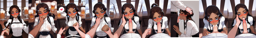 ai_generated avatar:_the_last_airbender blue_eyes blush blush breast_grab breasts_out_of_clothes brown_hair brown_skin cum_in_mouth fellatio katara long_hair looking_at_viewer nipples nipples_visible_through_clothing oral oral_sex pov smile waitress waitress_uniform