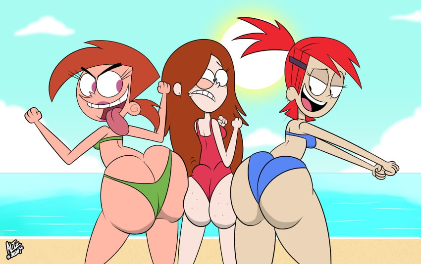 1girl 3_girls altzegoz_(artist) ass ass_cleavage ass_freckles ass_to_ass beach bikini bottom_heavy bubble_butt butt_crack cartoon_network crossover disney disney_channel exposed_ass fat_ass female_only foster's_home_for_imaginary_friends frankie_foster freckles gigantic_ass gravity_falls human nickelodeon one-piece_swimsuit pawg ponytail red_hair sandwiched small_bikini straight_hair the_fairly_oddparents tight_clothing tongue_out two_piece_swimsuit uncomfortable vicky_(fairly_odd_parents) wendy_corduroy