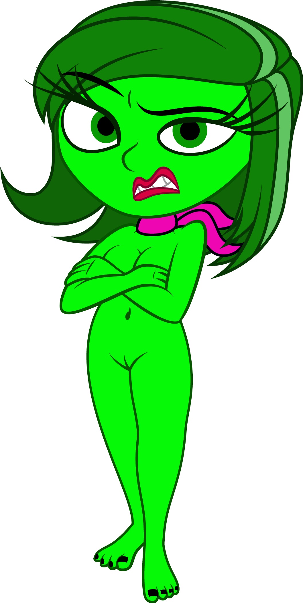 2024 disgust_(inside_out) disney emotion eyebrows eyelashes feet green_eyes green_hair green_skin inside_out inside_out_2 lipstick naked_female navel nude pink_scarf pixar pussy shagggy1987 toes white_background