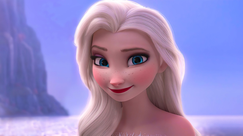 disney disney_princess elsa elsa_(frozen) frozen_(movie) frozen_ii_(disney) hair_down looking_at_viewer smile