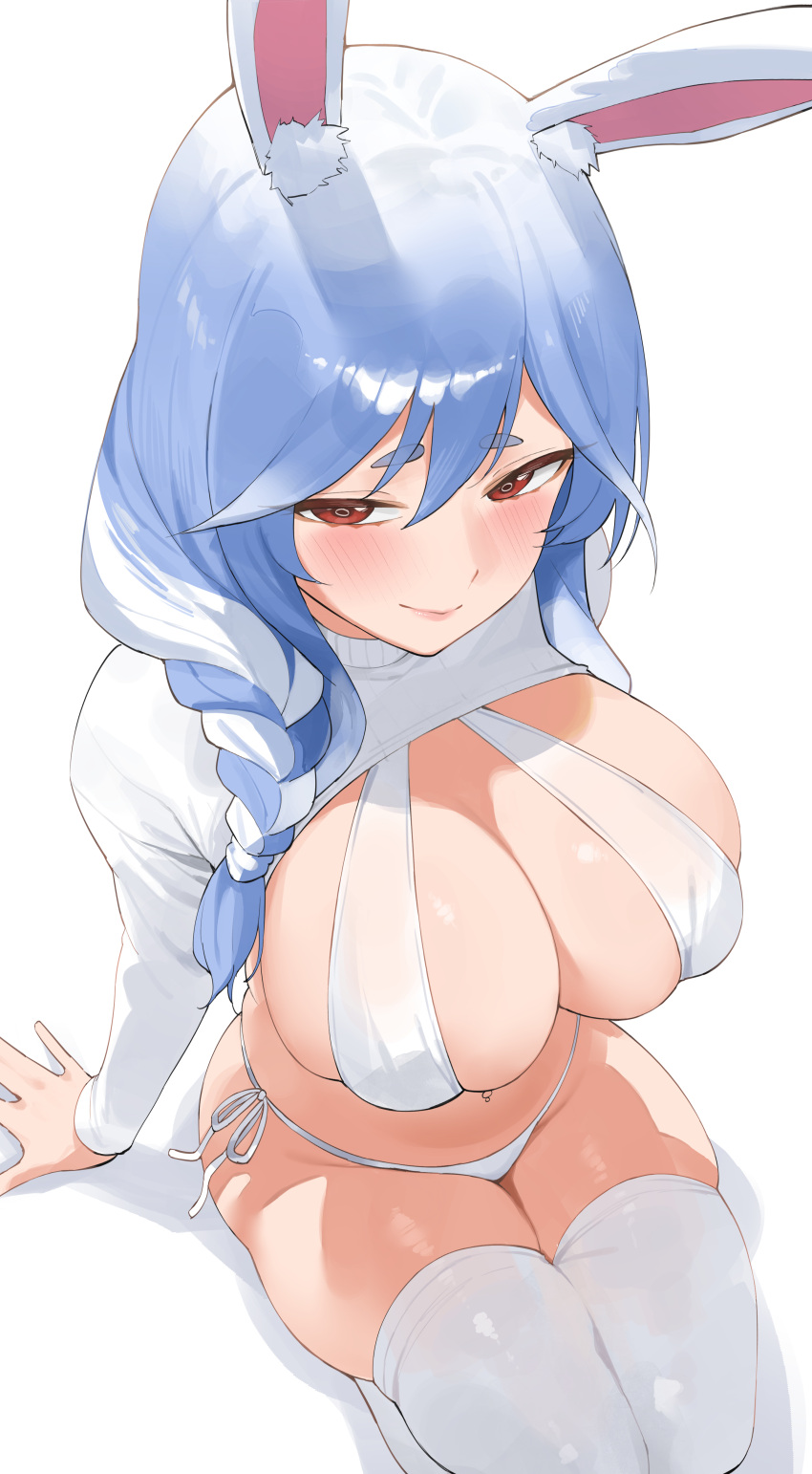 1girl 1girl animal_ears big_breasts bikini blue_hair braid breasts byeon_dha cleavage from_above hololive mature_female multicolored_hair pekomama rabbit_ears rabbit_girl red_eyes side-tie_bikini_bottom side_braid sitting skindentation stockings sweater swimsuit virtual_youtuber white_background white_bikini white_hair white_thighhighs