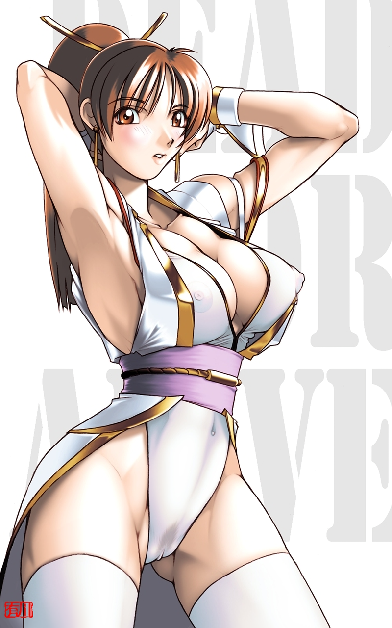 1girl alluring areola areola_bulge arikawa arms_up athletic athletic_female big_breasts brown_eyes brown_hair cleavage cleavage_cutout dead_or_alive dead_or_alive_2 dead_or_alive_3 dead_or_alive_4 dead_or_alive_5 dead_or_alive_6 dead_or_alive_xtreme dead_or_alive_xtreme_2 dead_or_alive_xtreme_3 dead_or_alive_xtreme_3_fortune dead_or_alive_xtreme_beach_volleyball dead_or_alive_xtreme_venus_vacation dress erect_nipples female_focus female_only hourglass_figure kasumi kunoichi legwear light-skinned_female light_skin long_hair makeup pin_up pinup_pose silf skimpy skimpy_clothes stockings stretching tecmo wide_hips