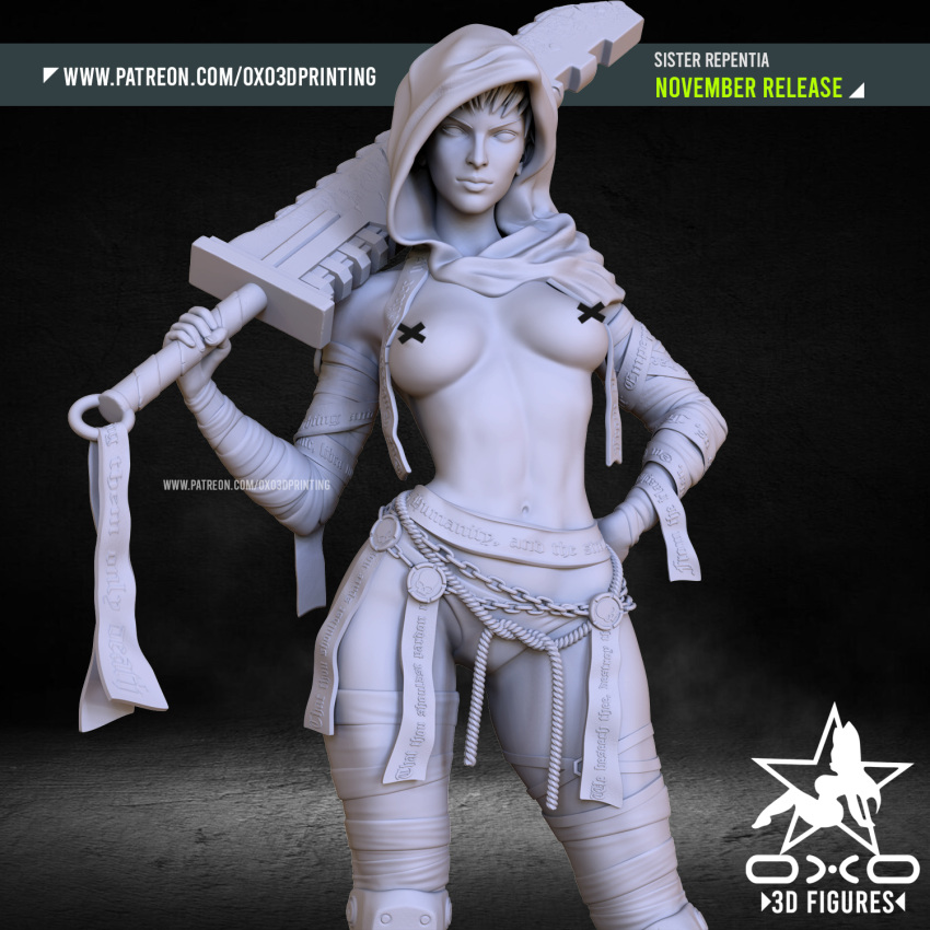 3d 3d_(artwork) 3d_model armored_boots artist_request bandaged_arm bandaged_leg bandages bandages_on_arms bandages_on_legs bandaids_on_nipples bare_midriff breasts chainsword covered_nipples figurine hand_on_hip hood miniatures oxo3d_printing ropes scarf semi_nude short_hair sister_of_battle sister_repentia sword warhammer_(franchise) warhammer_40k