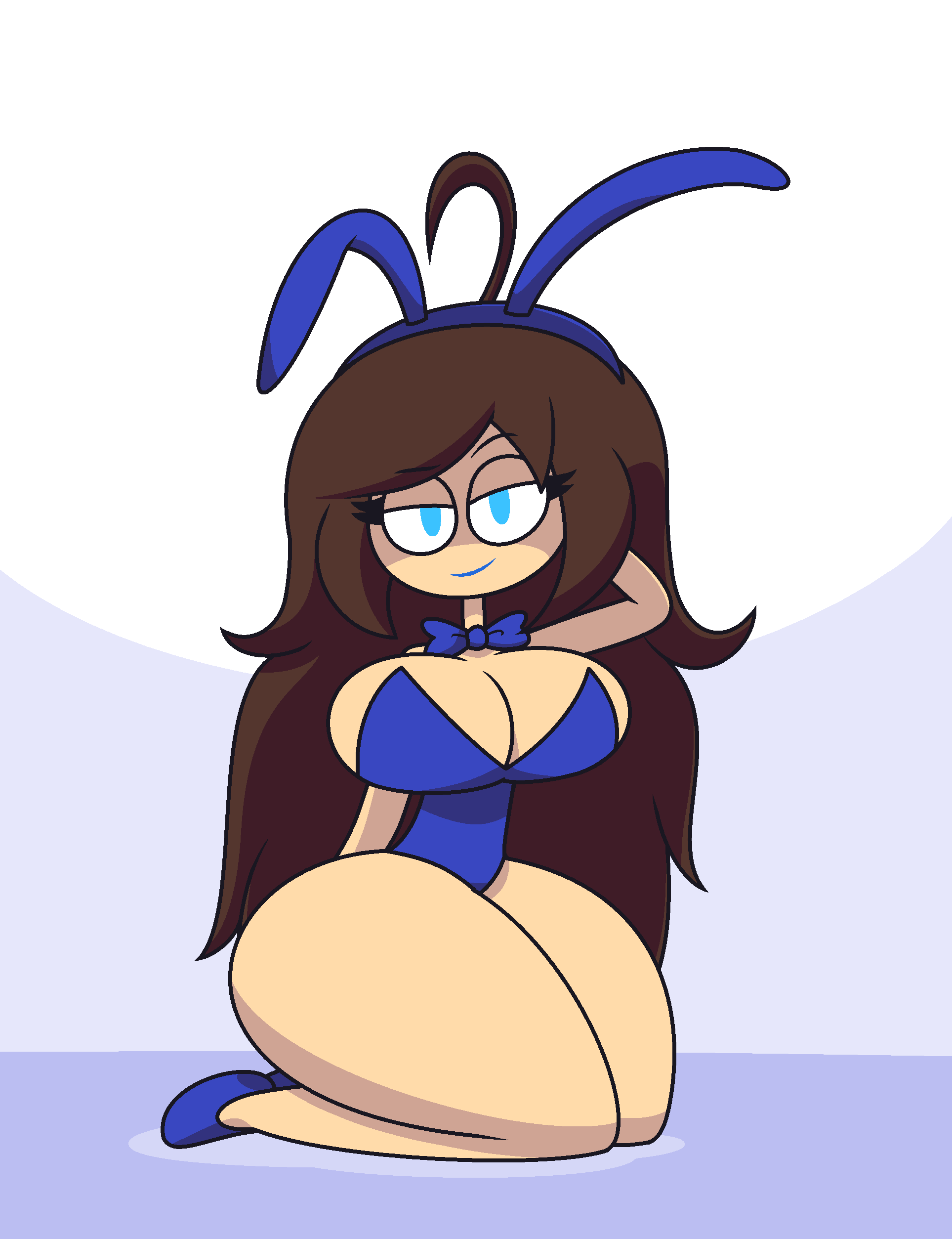 2024 big_breasts blue_eyes brown_hair bunny_ears bunny_suit flower_in_hair half-closed_eyes la-artist322_(artist) long_hair looking_at_viewer lustful luunnii_(persona) mommy mommy_milkers on_knees panties smug_face smug_smile thicc thicc_thighs