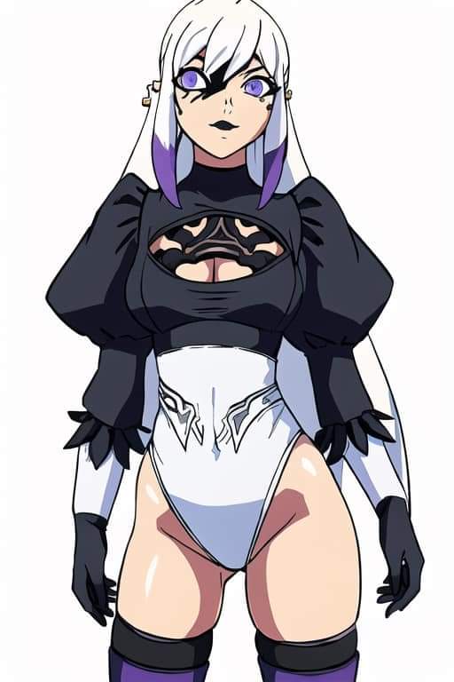 ai_generated ben_10 ben_10:_omniverse bodysuit boob_window charmcaster dyed_hair long_hair long_sleeves maid_uniform nier:_automata purple_hair stockings thighs white_hair yorha_2b_(cosplay)