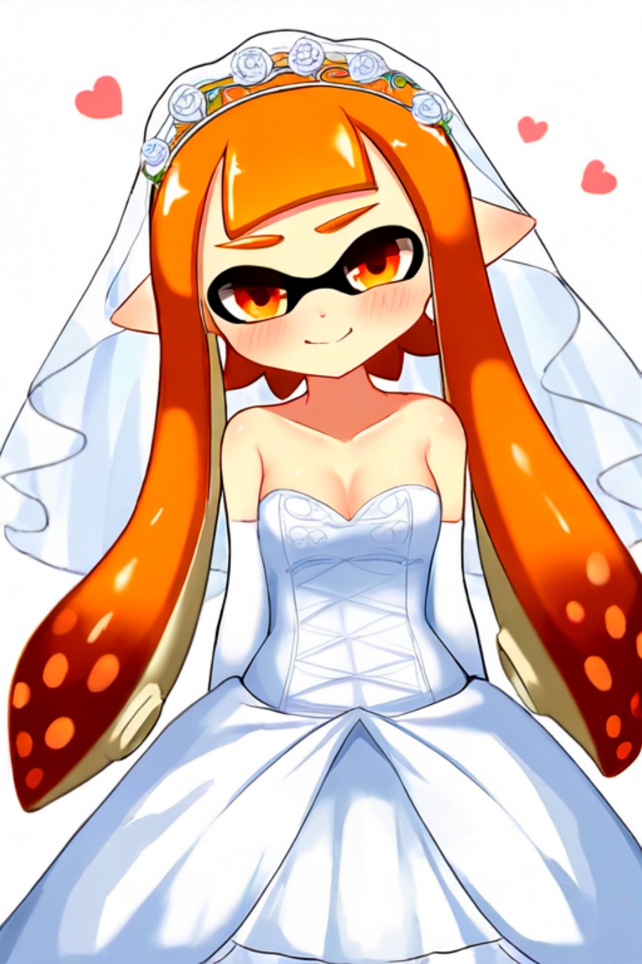 ai_generated blush female_focus hear heart inkling inkling_girl looking_at_viewer nintendo orange_eyes orange_hair pointy_ears simple_background small_breasts smiling_at_viewer splatoon splatoon_(series) tentacle_hair twin_tails veil wedding_dress white_background