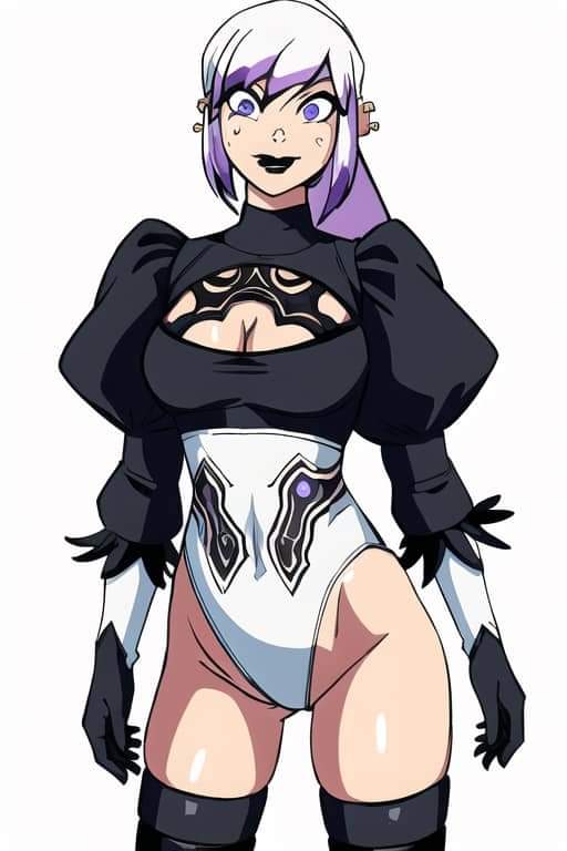 ai_generated ben_10 ben_10:_omniverse bodysuit boob_window charmcaster dyed_hair long_hair long_sleeves maid_uniform nier:_automata purple_hair stockings thighs white_hair yorha_2b_(cosplay)