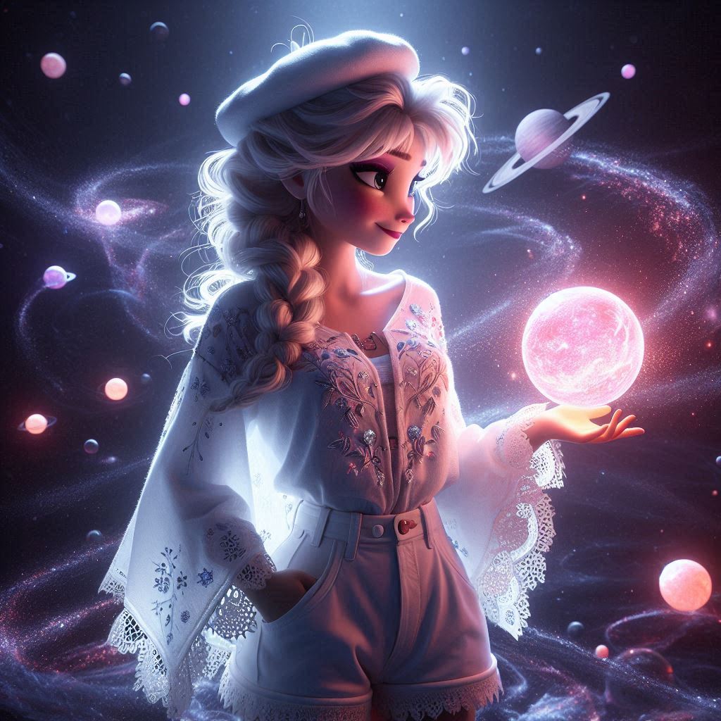 ai_generated beret braid celestial cosmic disney elsa_(frozen) eye_makeup frozen_(movie) lipstick long_hair makeup planet red_lipstick shorts white_beret white_clothing