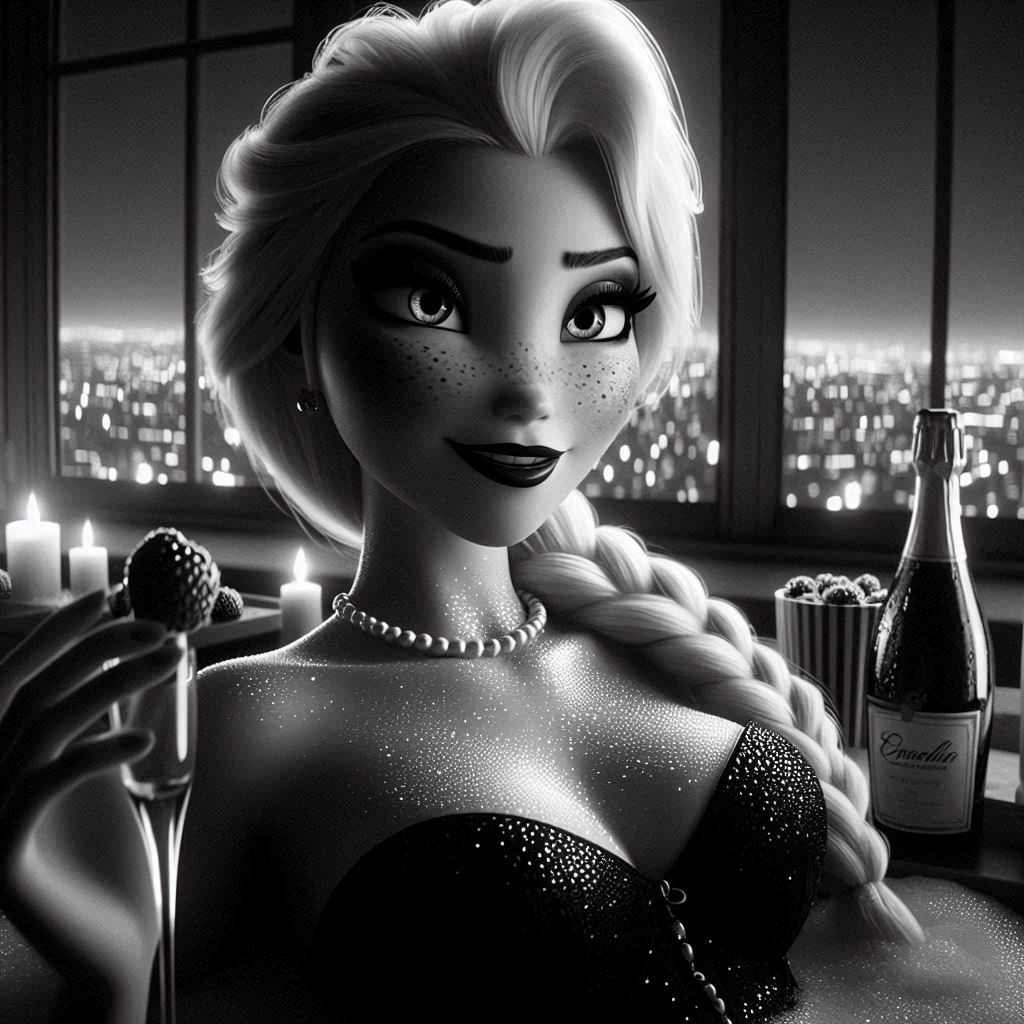 ai_generated big_breasts black_and_white braid eating elsa_(frozen) frozen_(movie) fruit long_hair makeup necklace noir pearl_necklace white_hair wine