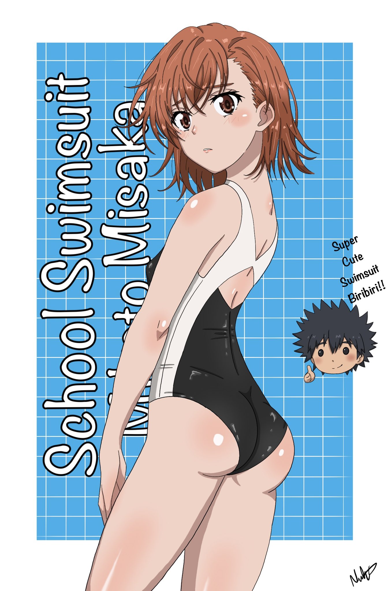 1girl 2020s 2024 ass bare_hips bare_shoulders blush border breasts brown_eyes brown_hair character_name competition_school_swimsuit competition_swimsuit english_text from_behind high_res high_resolution looking_at_viewer looking_back matching_hair/eyes misaka_mikoto nashdnash2007 one-piece_swimsuit parted_lips school_swimsuit schoolgirl short_hair shy signature small_breasts standing swimsuit teen teen_girl teenage teenage_girl thighs to_aru_kagaku_no_railgun to_aru_majutsu_no_index tokiwadai_school_swimsuit white_border young young_girl