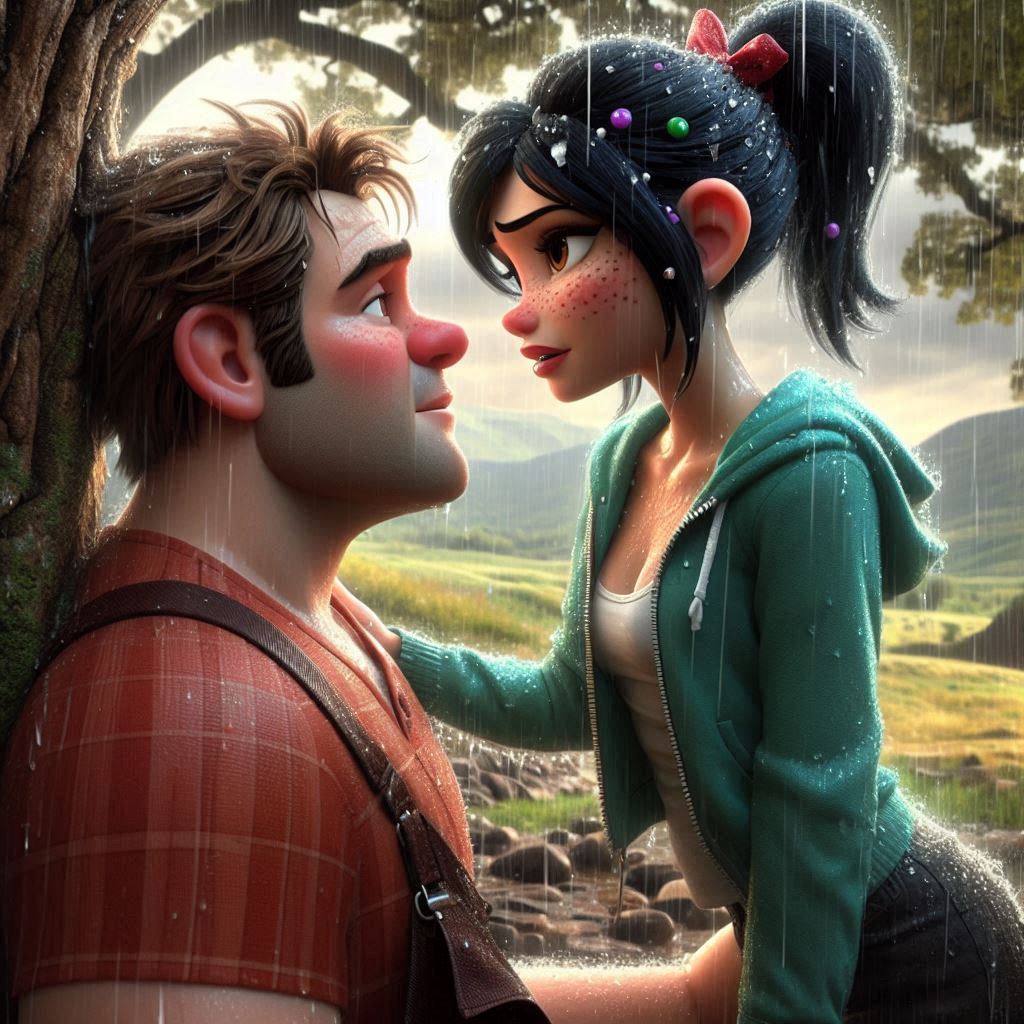 ai_generated black_hair disney face_to_face freckles green_hoodie hood hoodie long_hair ponytail rain vanellope_von_schweetz wreck-it_ralph wreck-it_ralph_(character)