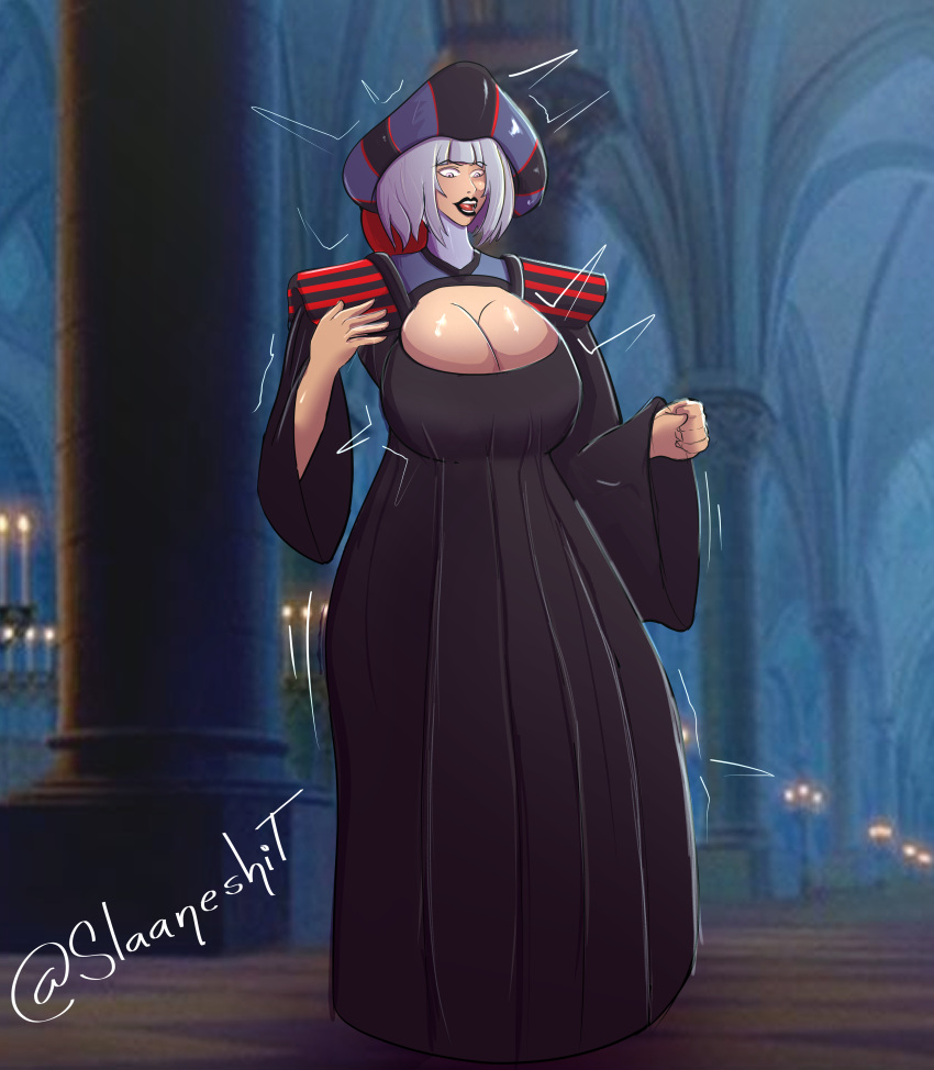 akkoo17 black_robe breast_expansion butt_expansion claude_frollo disney genderswap genderswap_(mtf) purple_hair rule_63 surprised surprised_expression the_hunchback_of_notre_dame voluptuous