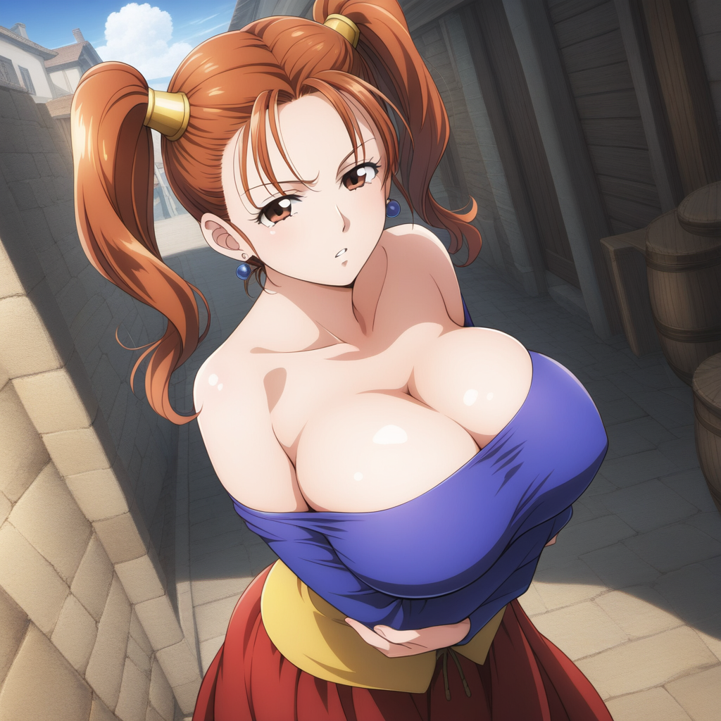 1girl ai_generated big_breasts breasts brown_eyes cleavage clothed_female coffee_ai dragon_quest dragon_quest_viii female_focus high_res jessica_albert long_hair patreon patreon_reward red_hair solo_female stable_diffusion tagme teen twin_tails video_game_character video_game_franchise