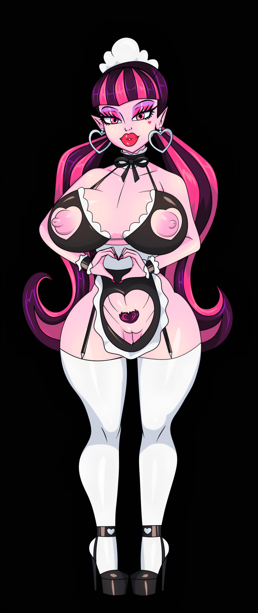 1girl big_ass big_breasts bimbo bimbo_body bimbo_lip bimbo_lips bimbofication bimbofied black_hair draculaura jose12mexico lingerie maid_uniform monster_high pink_hair pink_skin platform_shoes seductive white_thigh_highs