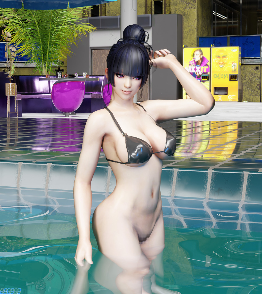 1girl alluring bare_legs begs3 big_breasts bikini bikini_top_only black_hair cleavage dead_or_alive dead_or_alive_6 dead_or_alive_xtreme dead_or_alive_xtreme_2 dead_or_alive_xtreme_3 dead_or_alive_xtreme_3_fortune dead_or_alive_xtreme_beach_volleyball dead_or_alive_xtreme_venus_vacation naked_from_the_waist_down nyotengu pin_up purple_eyes pussy swimming_pool tecmo wet