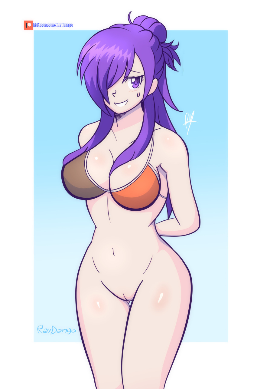 1girl alluring bare_legs big_breasts bikini bikini_top_only cleavage fire_emblem fire_emblem_heroes naked_from_the_waist_down nintendo pin_up purple_eyes purple_hair pussy raydango shez_(female)_(fire_emblem) shez_(fire_emblem) shez_(fire_emblem)_(female)