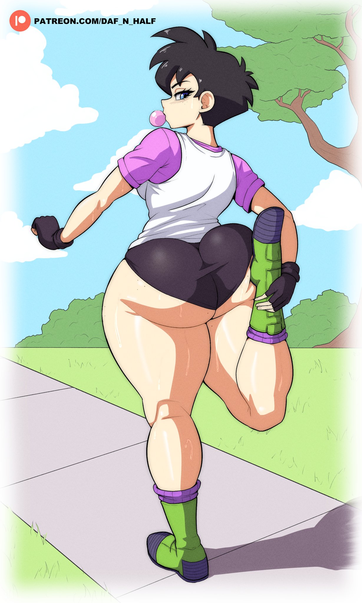 1girl 1girl 1girls ass ass_focus big_ass bike_shorts bitch black_hair black_shorts blue_eyes bottomwear bubble_ass bubble_butt bubblegum daf_n_half dat_ass dragon_ball fat_ass female_only footwear full_body gloves hair handwear hooker huge_breasts legs looking_back one_leg_raised one_leg_up pervert pervert_female prostitute prostitution public public_indecency raised_leg sex_invitation sexually_suggestive shoes short_hair short_shorts shorts solo_female sportswear sweat sweatdrop sweaty tank_top topwear videl