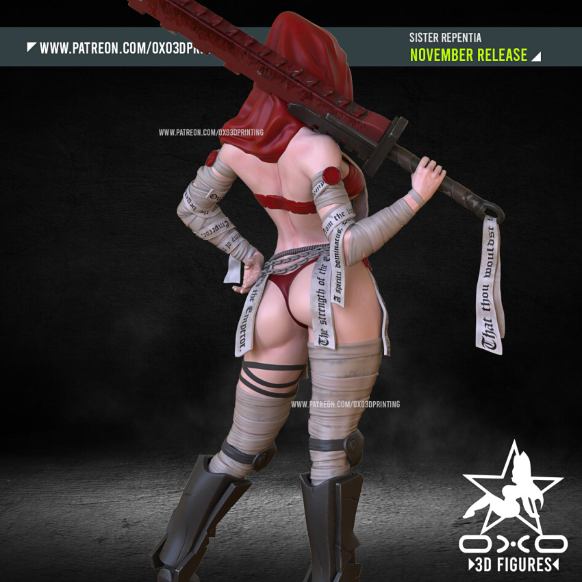 3d 3d_(artwork) 3d_model armored_boots artist_request ass back back_view bandages bare_midriff chainsword figurine hand_on_hip hood miniatures oxo3d_printing panties red_panties ropes scarf semi_nude sister_of_battle sister_repentia sword under_boob warhammer_(franchise) warhammer_40k