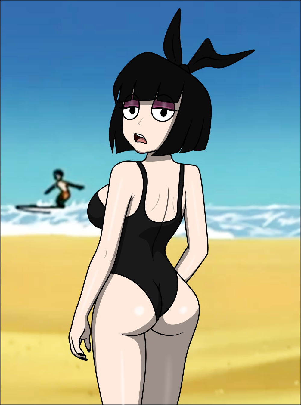 aged_up ass back_view beach beach_background black_swimsuit creepy_susie goth goth_girl gothic one-piece_swimsuit sexfightfun short_hair swimsuit the_oblongs