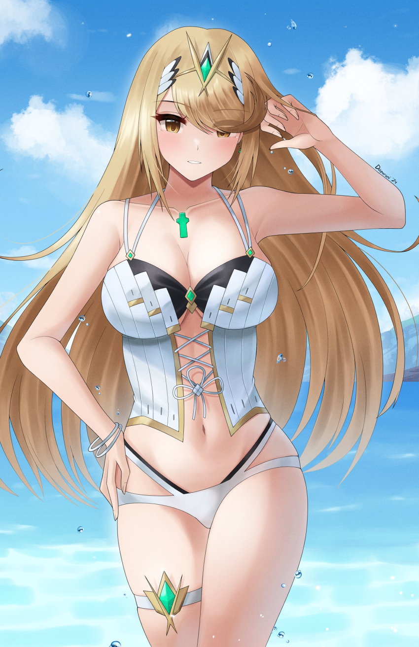 1girl 1girl 1girl 2d 2d_(artwork) alluring big_breasts bikini blonde_hair clouds day doiparuni female_focus female_only front_view grin hair_over_one_eye high_res high_resolution hourglass_figure light-skinned_female light_skin long_hair looking_at_viewer mythra nintendo ocean outside sky smiling_at_viewer solo_female solo_focus standing standing_in_water summer swimsuit thong thong_bikini two_piece_swimsuit water white_bikini white_bikini_bottom white_swimsuit xenoblade_(series) xenoblade_chronicles_2 yellow_eyes young younger_female