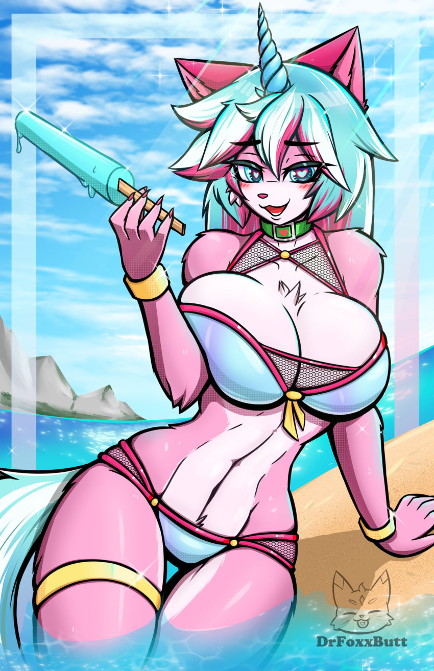 1girl alluring anthro beach big_breasts bikini bloodlustfox_(artist) blue_eyes blue_sky cleavage drfoxxbutt holding_popsicle multicolored_hair ocean unikitty unikitty! unikitty_show_(copyright) warner_brothers