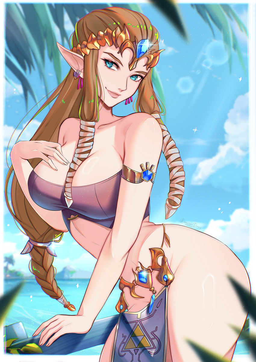 1girl alluring bare_legs beach beneceadraws big_breasts bikini blue_eyes blue_sky brown_hair cleavage female_only loincloth ocean pointy_ears princess_zelda the_legend_of_zelda the_legend_of_zelda:_twilight_princess tiara twilight_princess zelda_(twilight_princess)