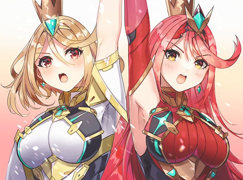 2_girls aegis_sword_(xenoblade) alluring big_breasts blonde_hairs chest_jewel dress earrings elbow_gloves gem gloves headpiece jewelry long_hair multiple_girls mythra mythra_(massive_melee)_(xenoblade) nintendo open_mouth pyra red_eyes red_hair short_dress short_hair swept_bangs tiara very_long_hair white_dress white_gloves xenoblade_(series) xenoblade_chronicles_2 yasaikakiage yellow_eyes