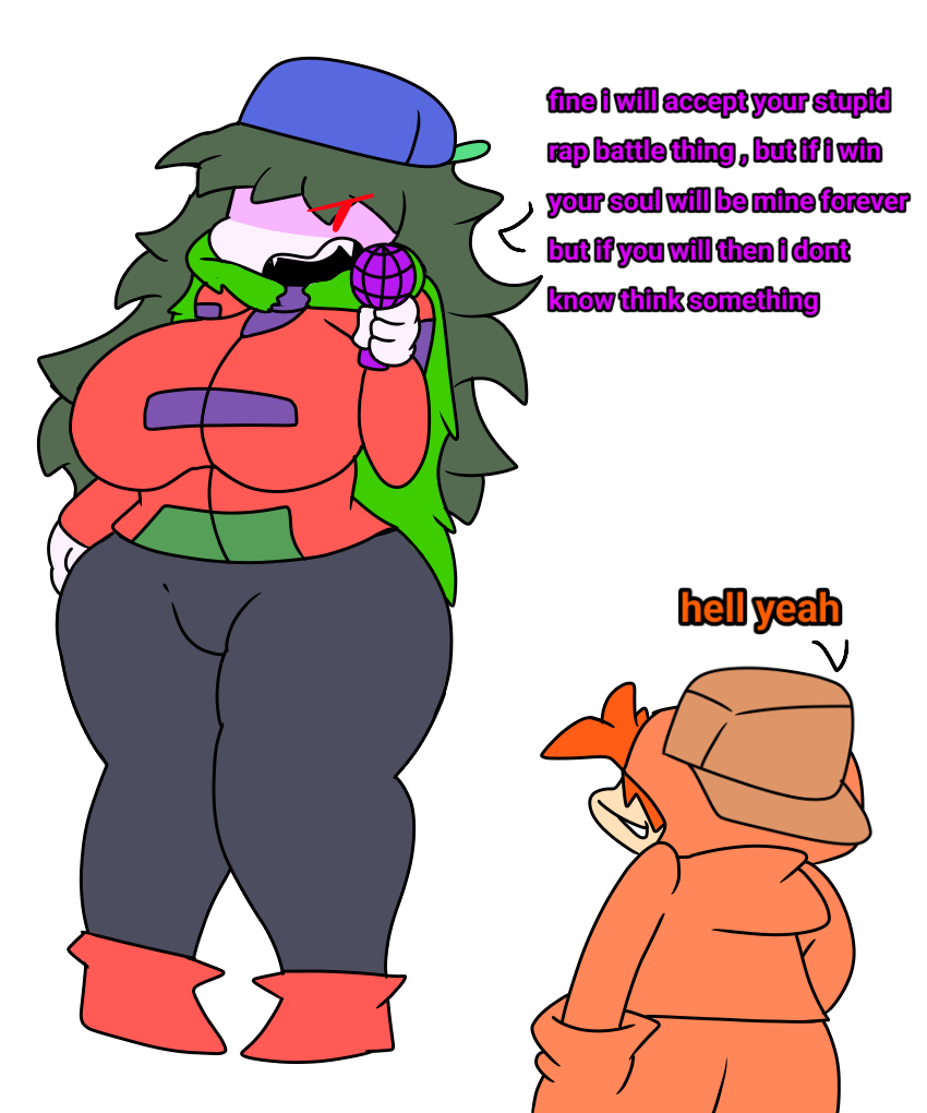 2022 angry big_ass big_breasts big_thighs dark_green_hair edit fakerjeff fakerjeniffer friday_night_funkin friday_night_funkin_mod hiperfriend jp20414(artist) orange_clothes orange_hair orange_text purple_text red_eyes size_difference