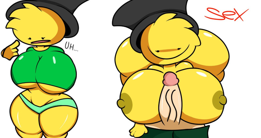 2023 :) big_ass big_breasts big_penis big_thighs black_hat green_shirt jeffbob jp20414(artist) pervert_smile rodrigo_(oc) sex smiley_face yellow_skin