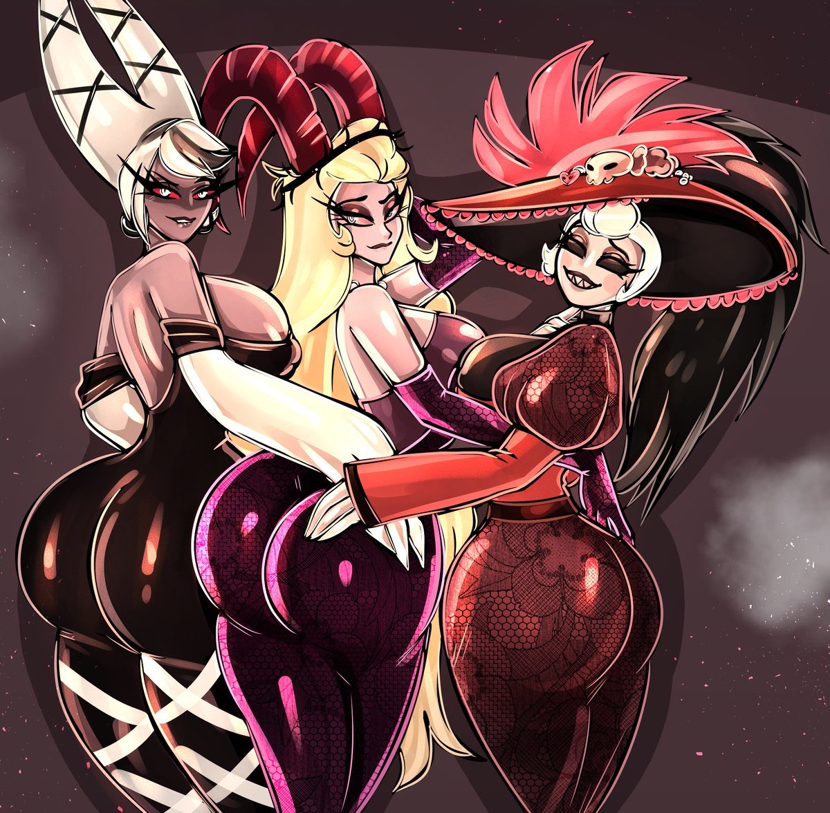 2milfs 3_girls 3demons big_ass big_breasts bitterbunz carmilla_carmine clothed demon demon_girls demon_horns demon_humanoid demoness demons grin hand_on_butt hazbin_hotel lilith_morningstar_(hazbin_hotel) looking_at_viewer milf milfs rosie_(hazbin_hotel) succubus twitter vivienne_medrano vivziepop x