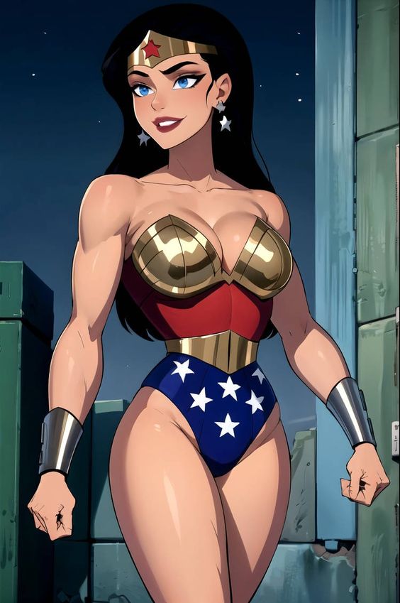 ai_generated armor big_breasts black_hair blue_eyes bodysuit bracelet dc_comics dcau earrings long_hair muscle narrow_waist tiara wonder_woman