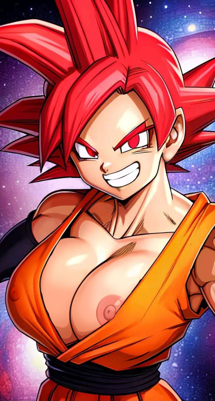 big_breasts dragon_ball_super genderswap genderswap goku muscular_female nekom14 nipple_slip nipples_visible_through_clothing red_eyes red_hair smile super_saiyan_god