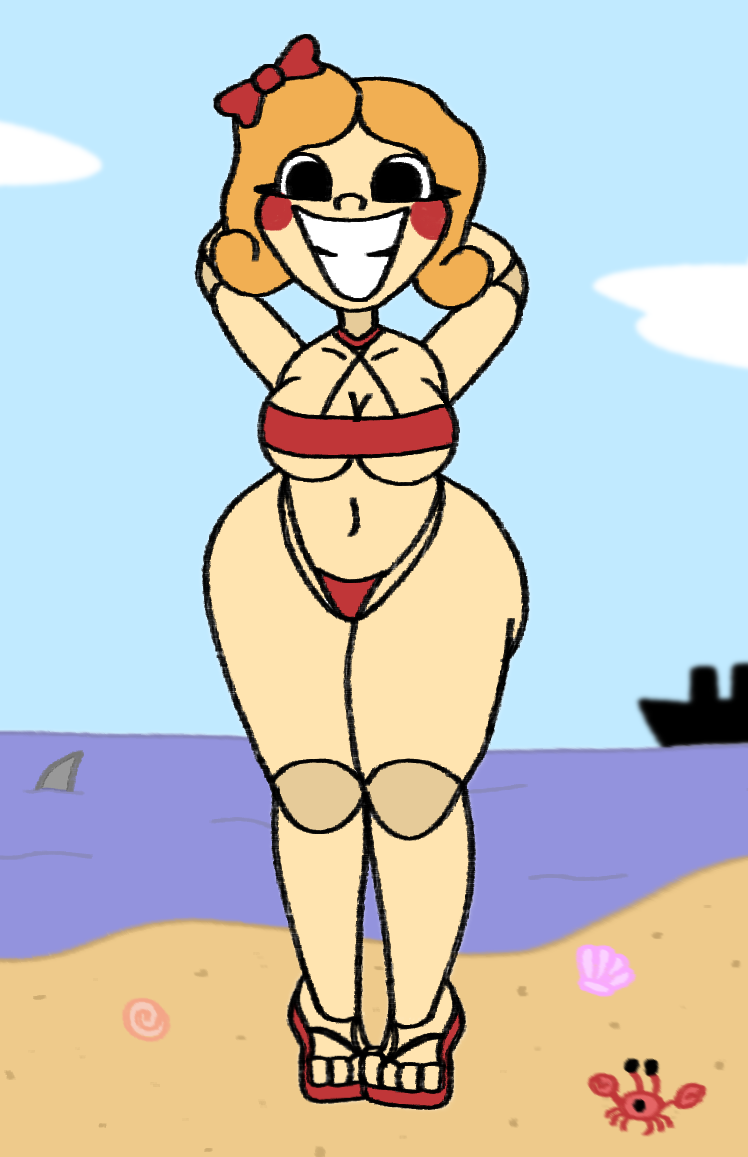 1girl 1girl 1girl 1girls beach bikini black_eyes blonde_hair blush breasts doll female_focus full_body hairbow humanoid miss_delight mob_entertainment ocean poppy_playtime red_bikini rosy_cheeks sand sandals segmented_body smile solo_female solo_focus thick_thighs tight_bikini