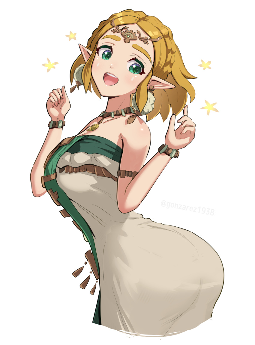 1girl 1girl 1girl alluring ass blonde_hair blush clothed clothed_female cute dat_ass dress gonzarez green_eyes nintendo pointy_ears princess_zelda short_hair simple_background smile tears_of_the_kingdom the_legend_of_zelda the_legend_of_zelda:_tears_of_the_kingdom zonai_outfit