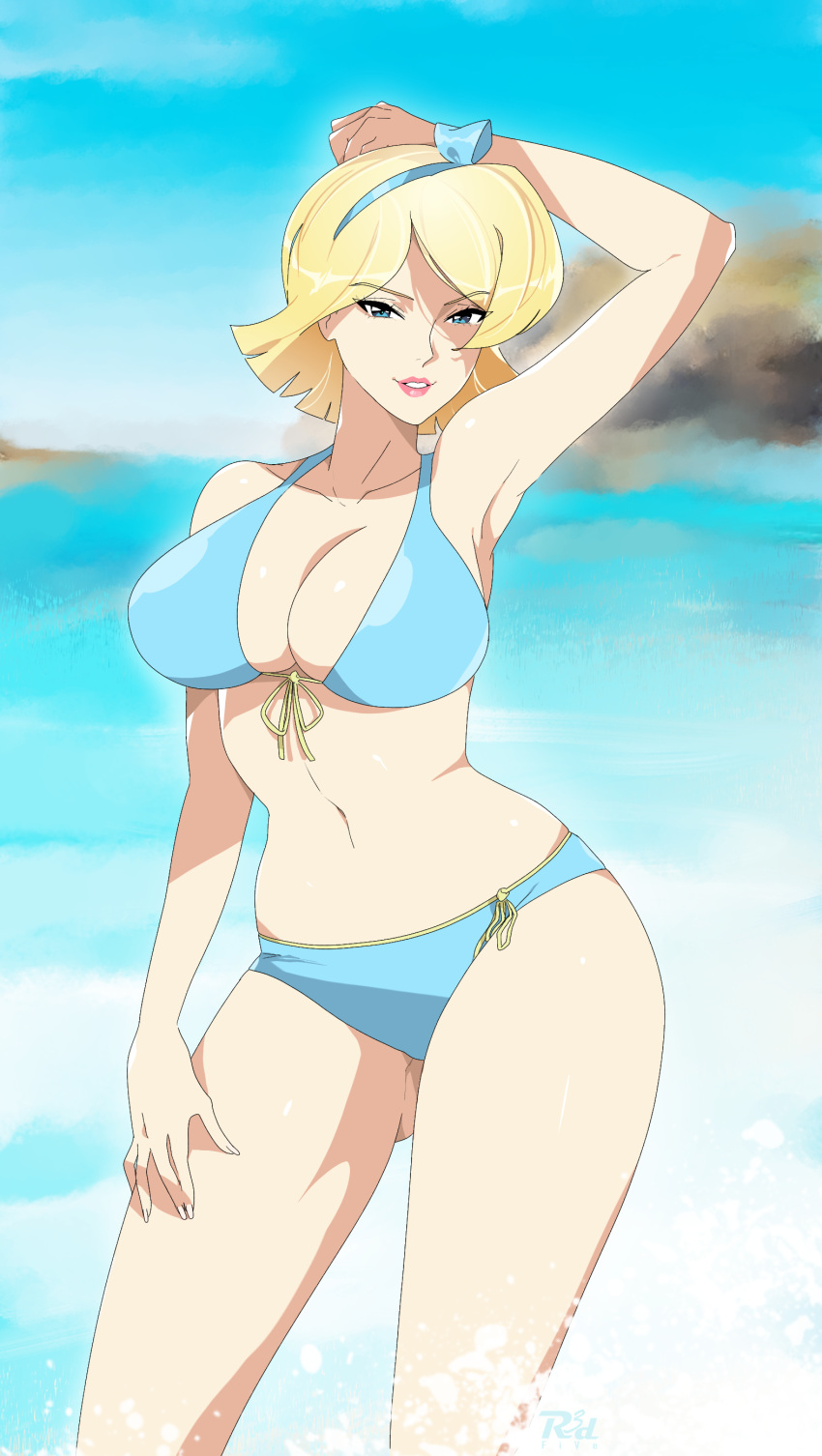 1girl 1girl 1girl alluring beach big_breasts bikini blonde_hair blue_eyes blue_sky clover_(totally_spies) ocean pin_up png r3dfive totally_spies