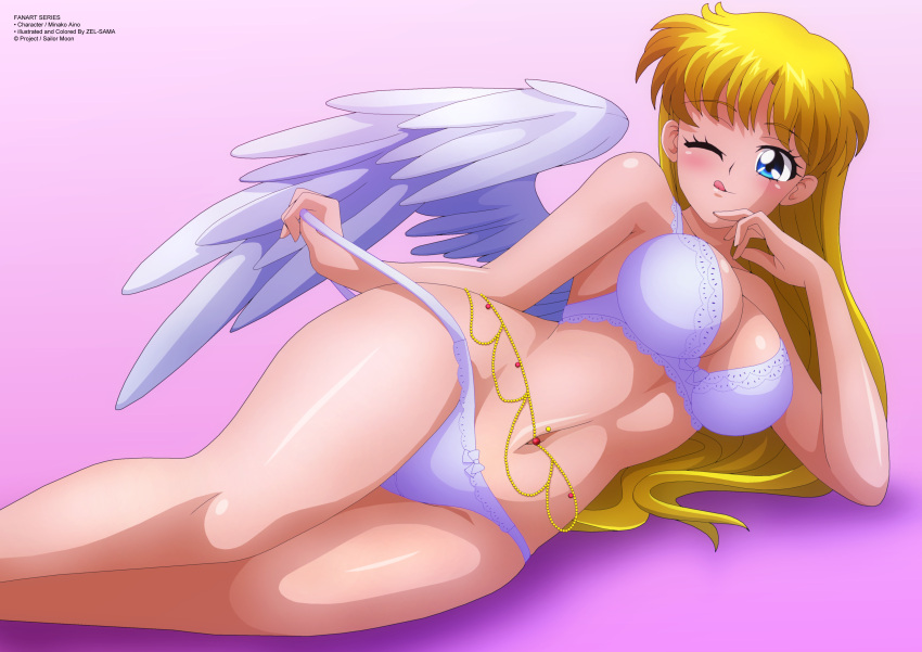 1girl 1girl absurd_res aino_minako alluring angel_wings beads big_breasts bishoujo_senshi_sailor_moon blonde_hair blue_eyes blush bow bow_bra bow_panties bra cleavage collarbone high_res long_hair looking_at_viewer lying navel one_eye_closed panties panty_pull pin_up pink_background purple_bra purple_panties sailor_mars smile tongue tongue_out underwear wings wink zel-sama